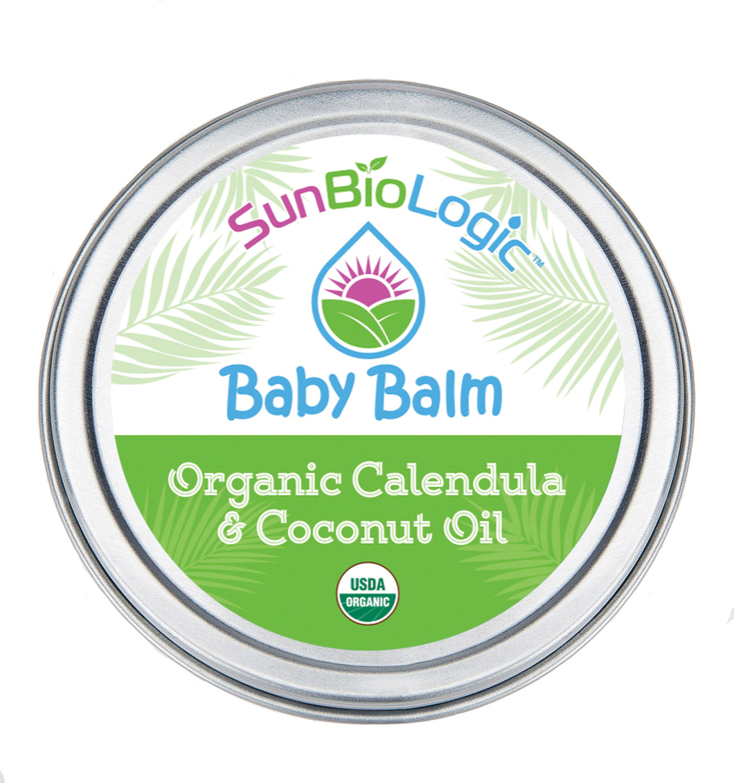 Our nourishing Baby Balm features Organic Calendula and Coconut Oil to provides all day skin protection. Our natural ingredients help restore skin balance, moisturize after bathing, relieve eczema, soften skin, and protect against diaper rash.  Please note: this product does not contain mineral zinc and does not provide broad spectrum UVA/UVB sun protection.